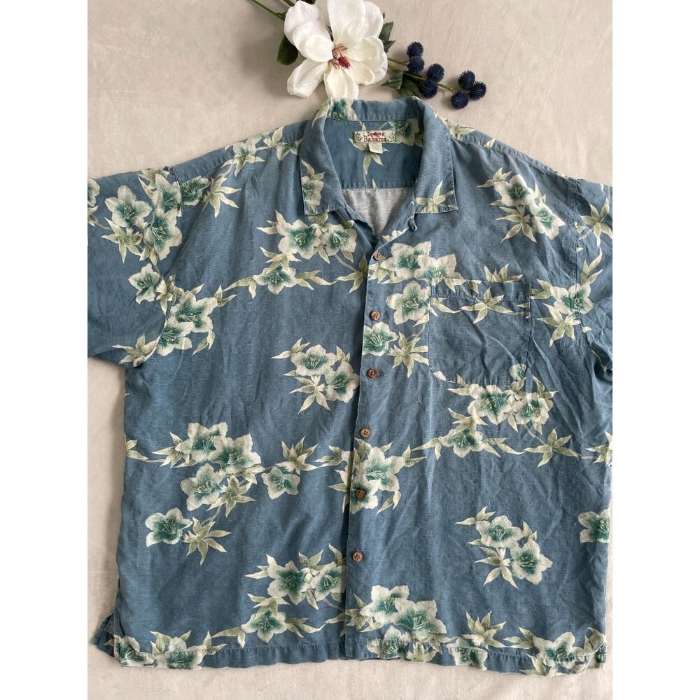 Tommy Bahama Mens XXL Blue Hawaiian Bahama Floral 100% Silk Button Shirt Y2K